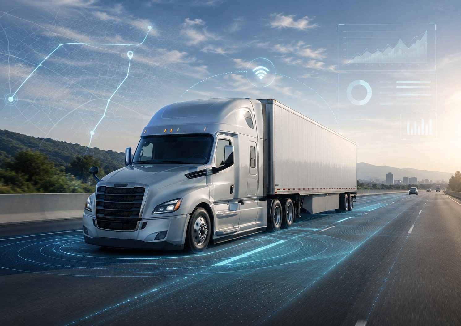 Autnomous Trucking Modern dry van semi-truck driving on a highway with digital route, telematics, and data overlays representing autonomous trucking and connected fleet insurance.