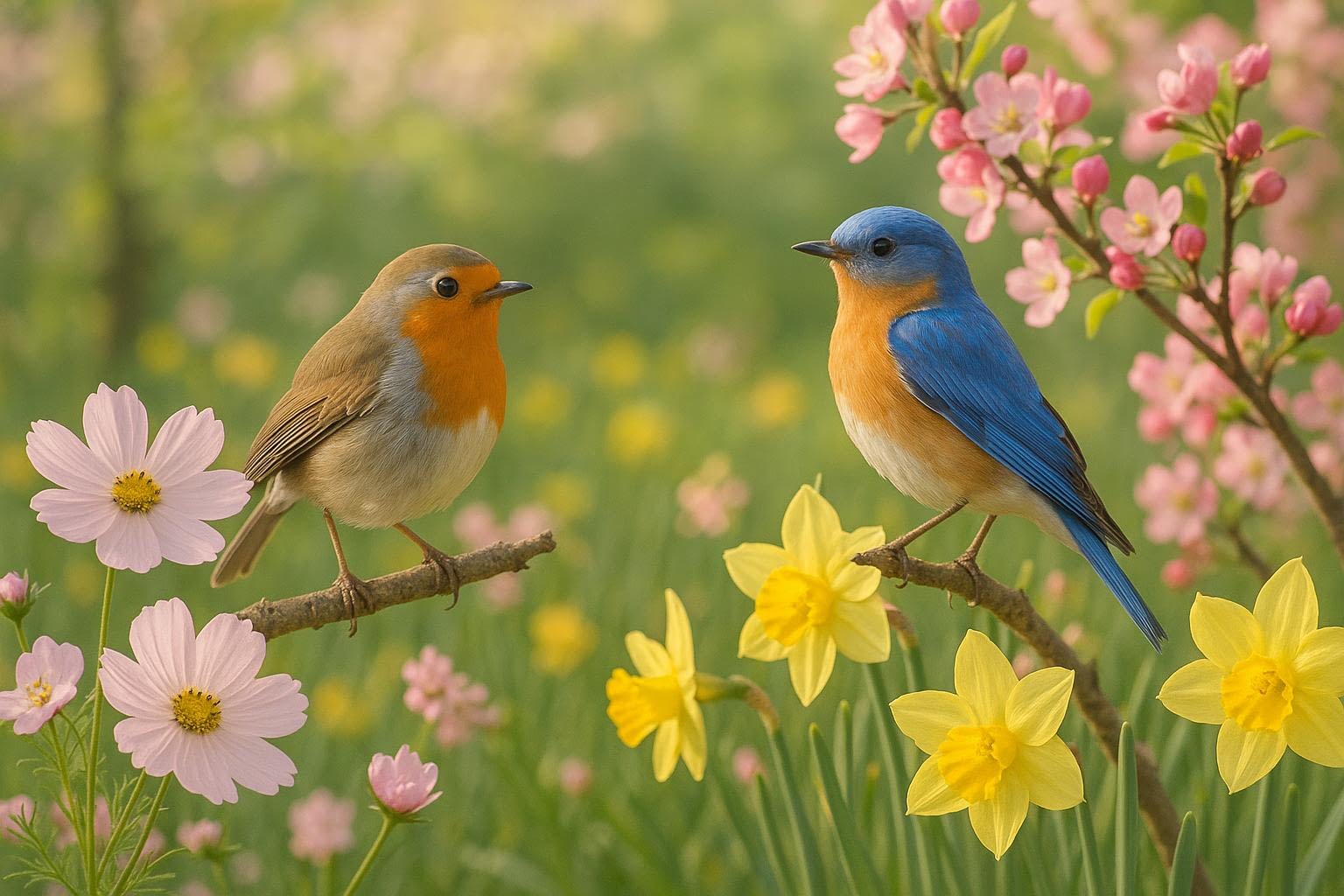 Springtime Blooms and Birds in Nature