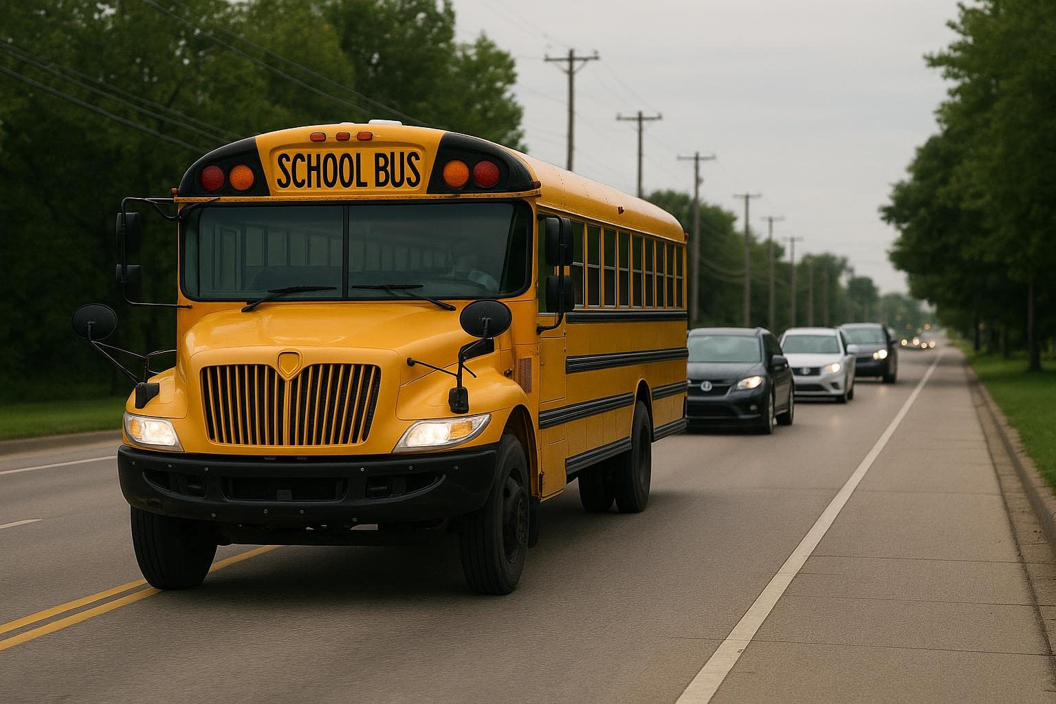 School Bus and Cars Traveling on a City Road