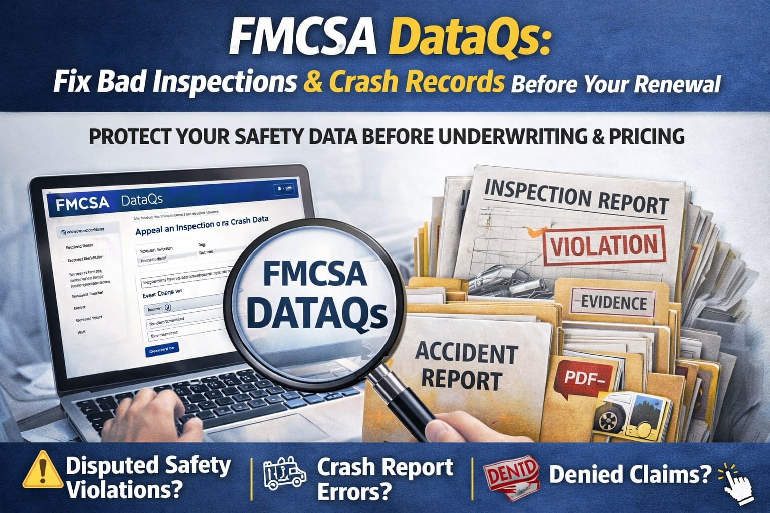 DataQ Appeall FMCSA DataQs guide showing how carriers can appeal inspection and crash record errors with supporting documents before renewal.