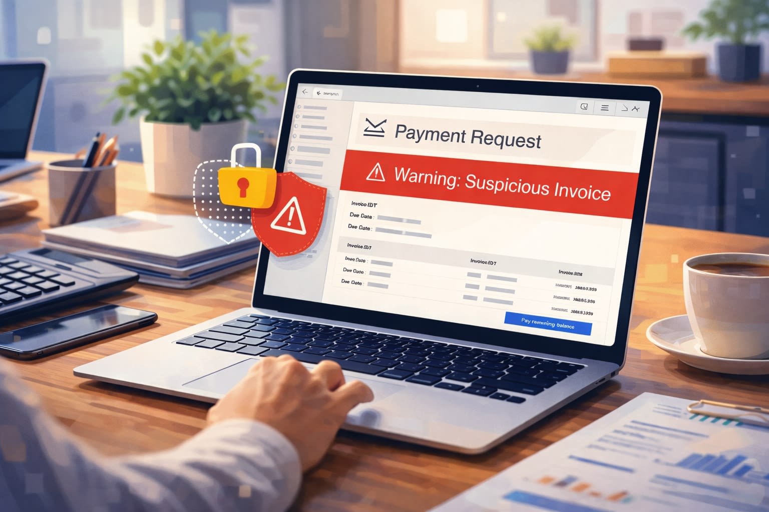 Cyber Crime and Cyber Liability for Small Businesses Cyber crime risk for small business showing suspicious invoice email on laptop