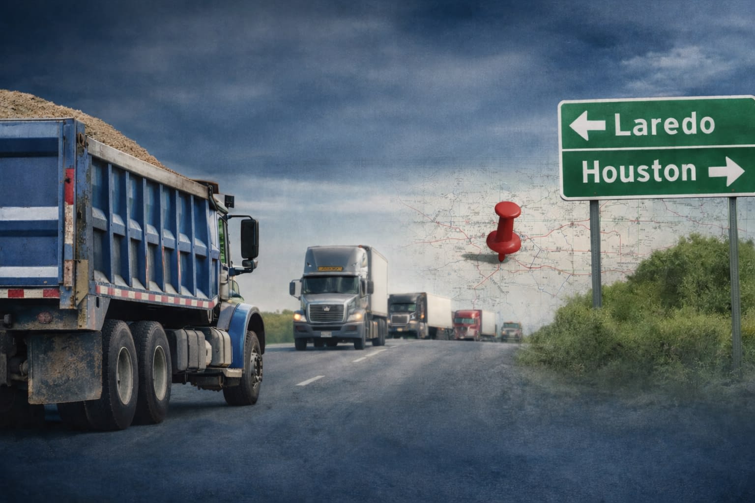 What Carriers See Blue dump truck hauling aggregate on a highway with semi-trucks in the distance and a Laredo–Houston road sign, representing commercial trucking in South Texas.