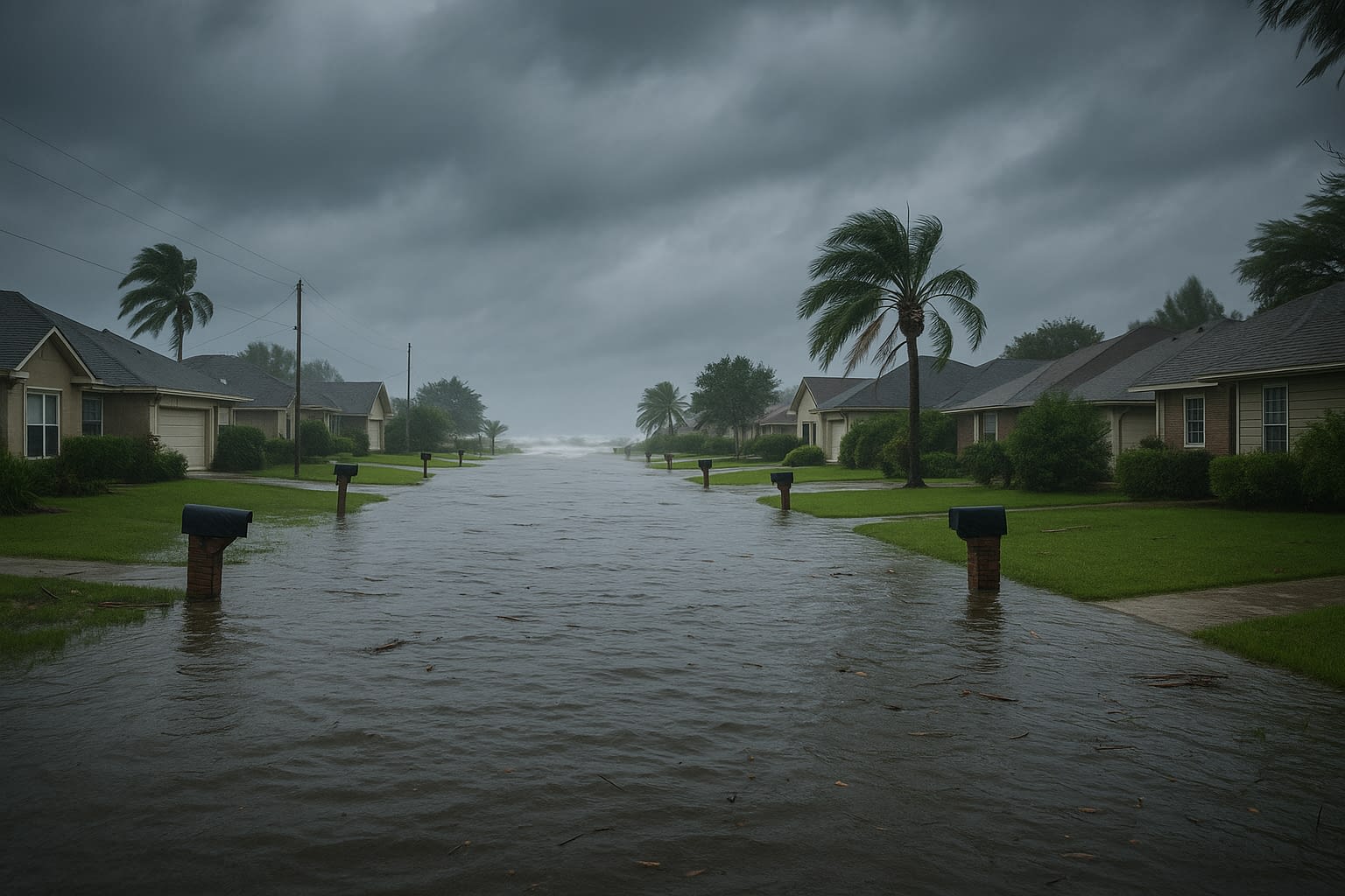 devastating flood damage Debris and rising water flood a Florida neighborhood street after a hurricane.