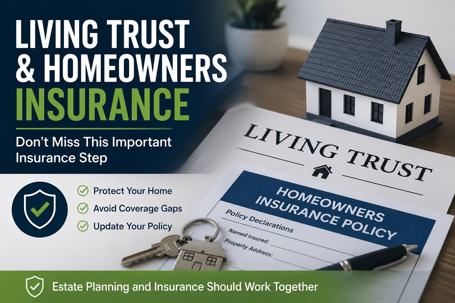 Living Trust and Homeowners Insurance Graphic showing a living trust document, homeowners insurance policy, house model, keys, and shield icon with text about avoiding coverage gaps when a home is placed in a living trust.