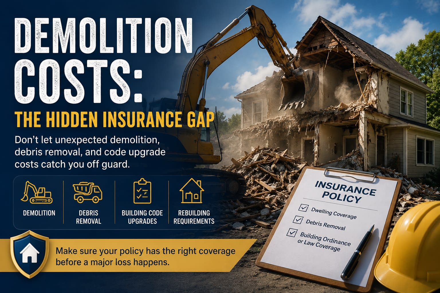 Demolition Costs: The Hidden Insurance Gap Excavator demolishing a damaged home with text about demolition costs, debris removal, building code upgrades, and insurance coverage gaps.