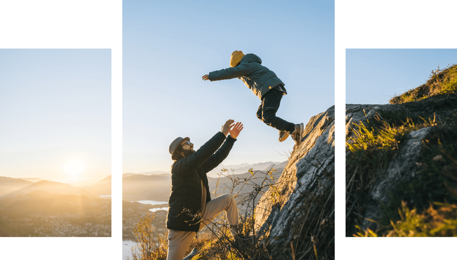 son-jumps-into-fathers-arms-on-mountain Son jumps into fathers arms on mountain top above lake at sunset
