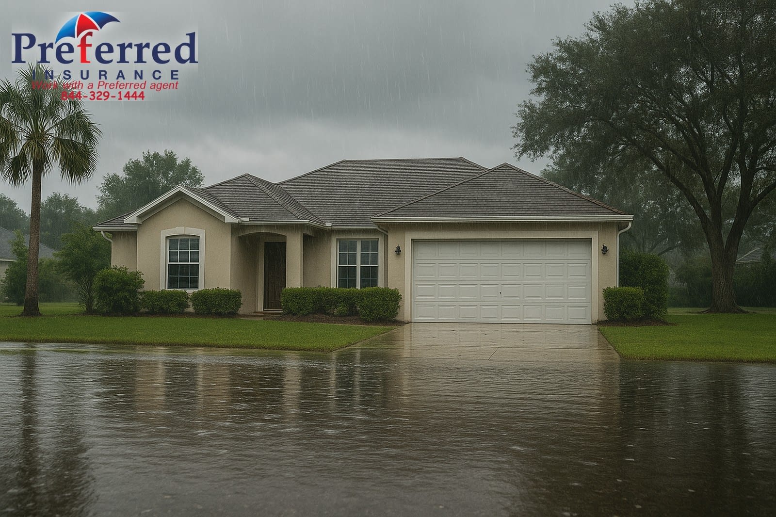 Belleview Flood Insurance Hero Image Belleview FL home with street flooding during heavy rain – Preferred Insurance logo in top left.