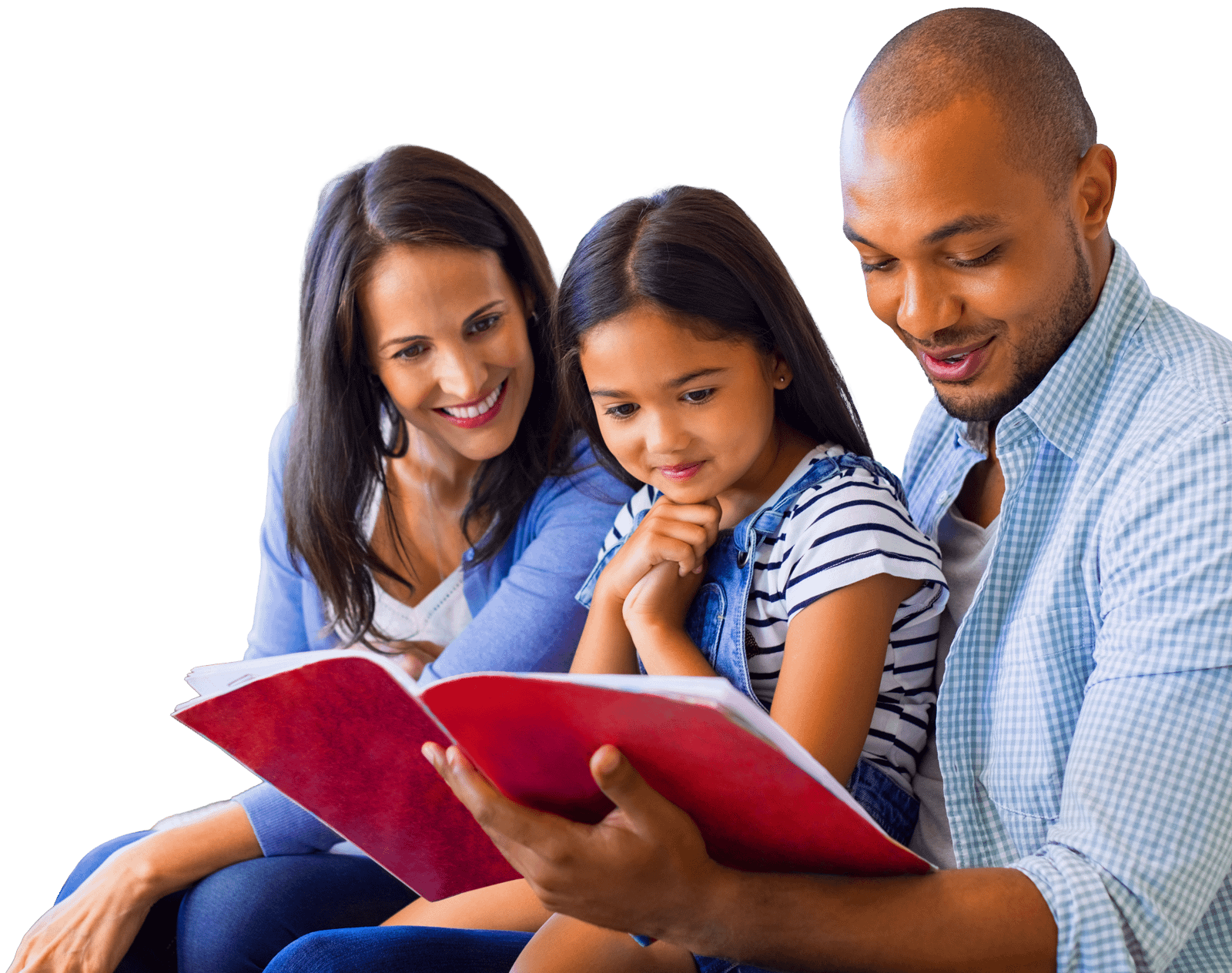 parents reading a book with their daughter