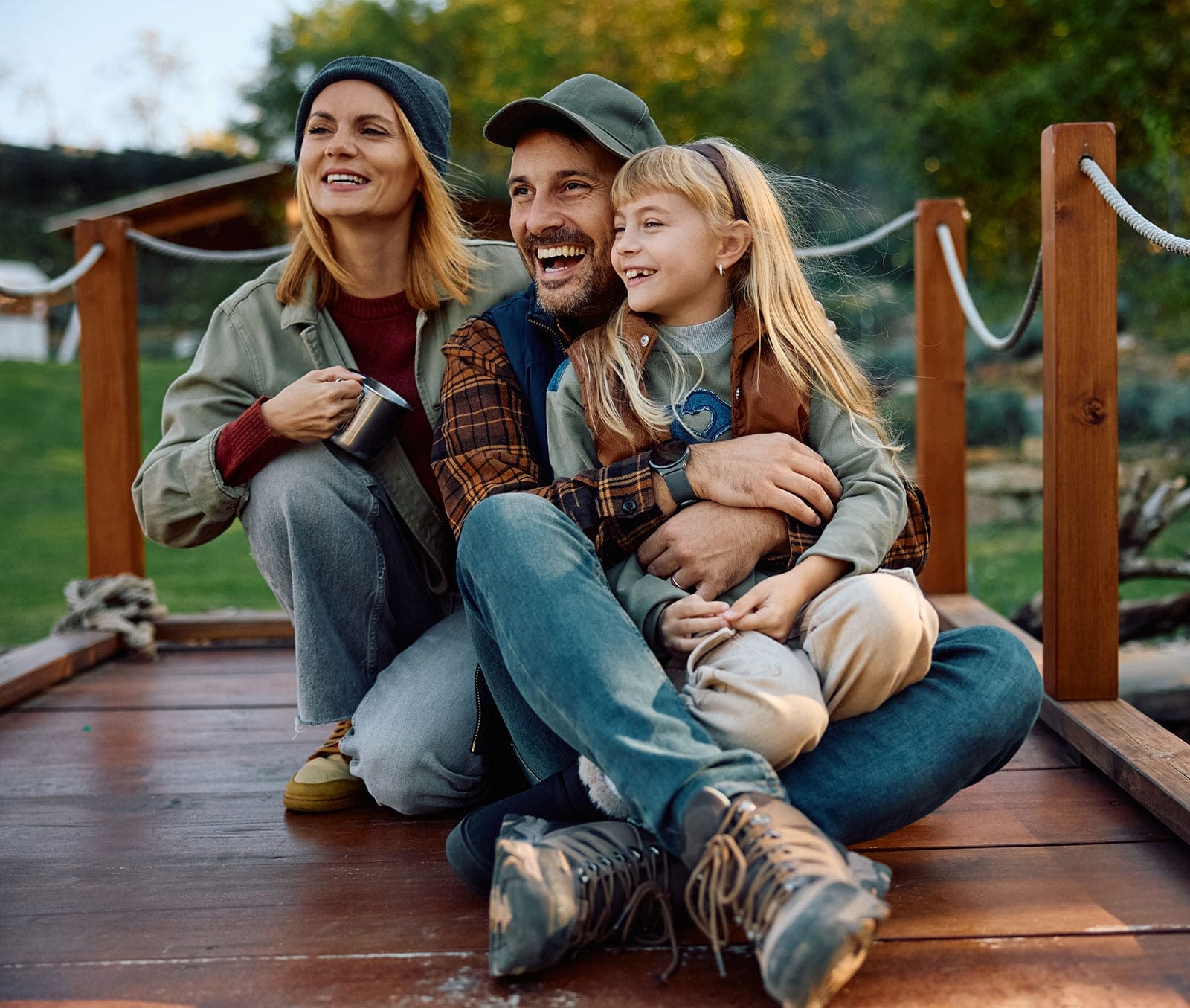 Family of three on dock