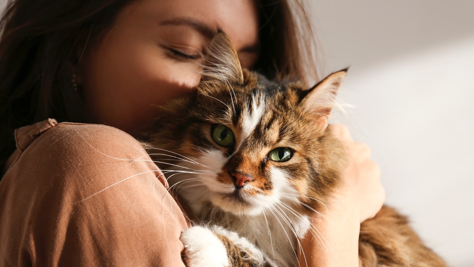 woman cuddling with her cat