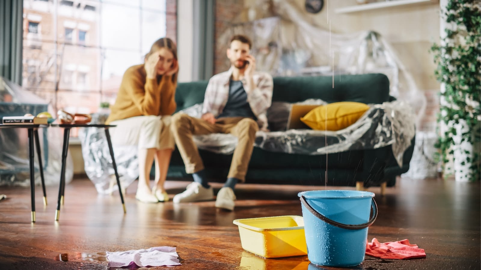 June 2 blog young couple distressed on phone with insurance after roof leak