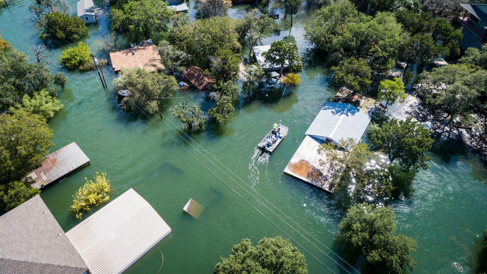 aerial view of a flooded neighborhood