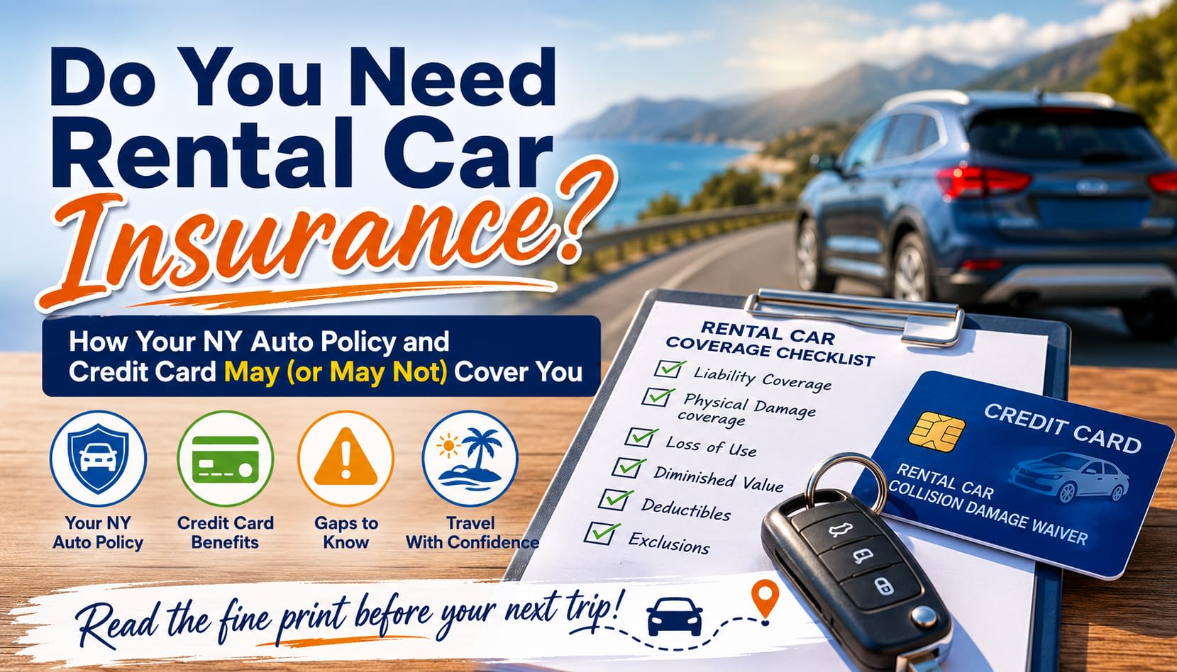 Do You Need Rental Car Insurance on Vacation? Rental car insurance graphic showing a credit card, rental agreement, car keys, and vehicle to explain how auto insurance and credit card rental car coverage may protect New York drivers.