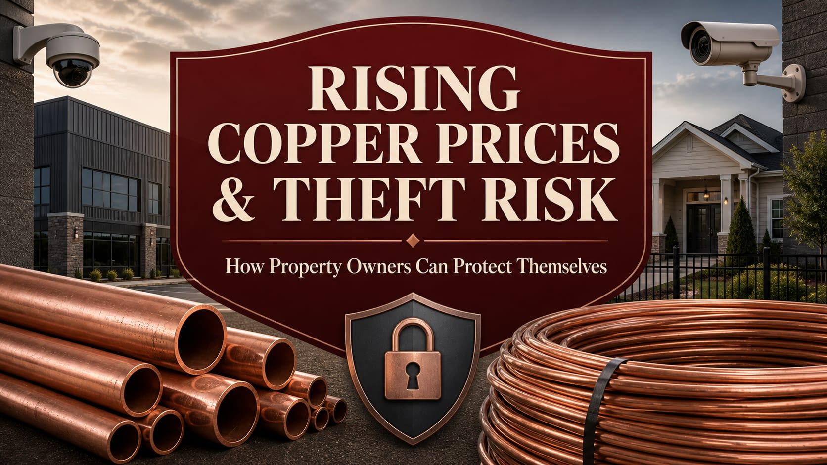 Rising Copper Prices and Theft Risk Copper pipes and wire in front of protected residential and commercial properties, illustrating rising copper theft risk