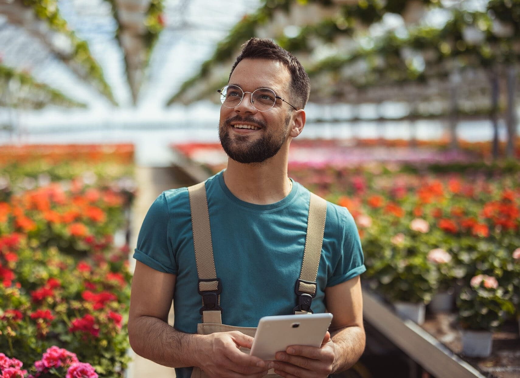 Portrait of a florist man using digital tablet while working in a plant nursery. Plantation of flowers on background. Gardening and people concept.