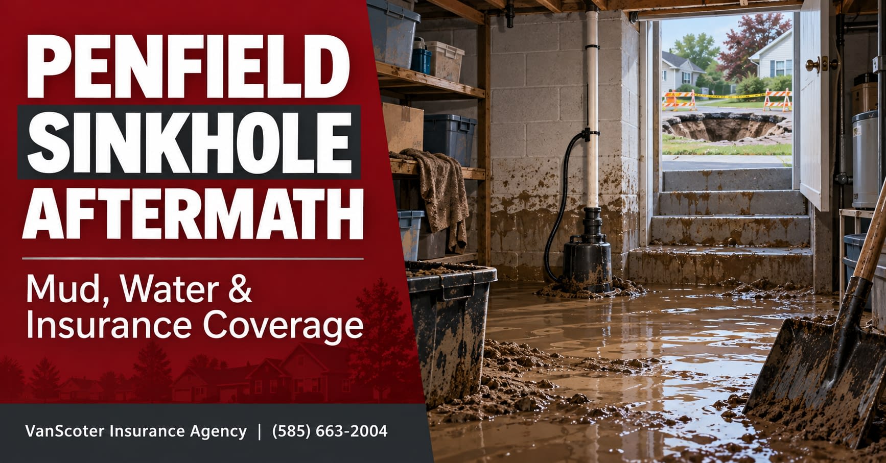 Penfield Sinkhole Aftermath – Mud, Water and Insurance Coverage Editorial graphic showing a muddy flooded basement beside the headline Penfield Sinkhole Aftermath: Mud, Water & Insurance Coverage.