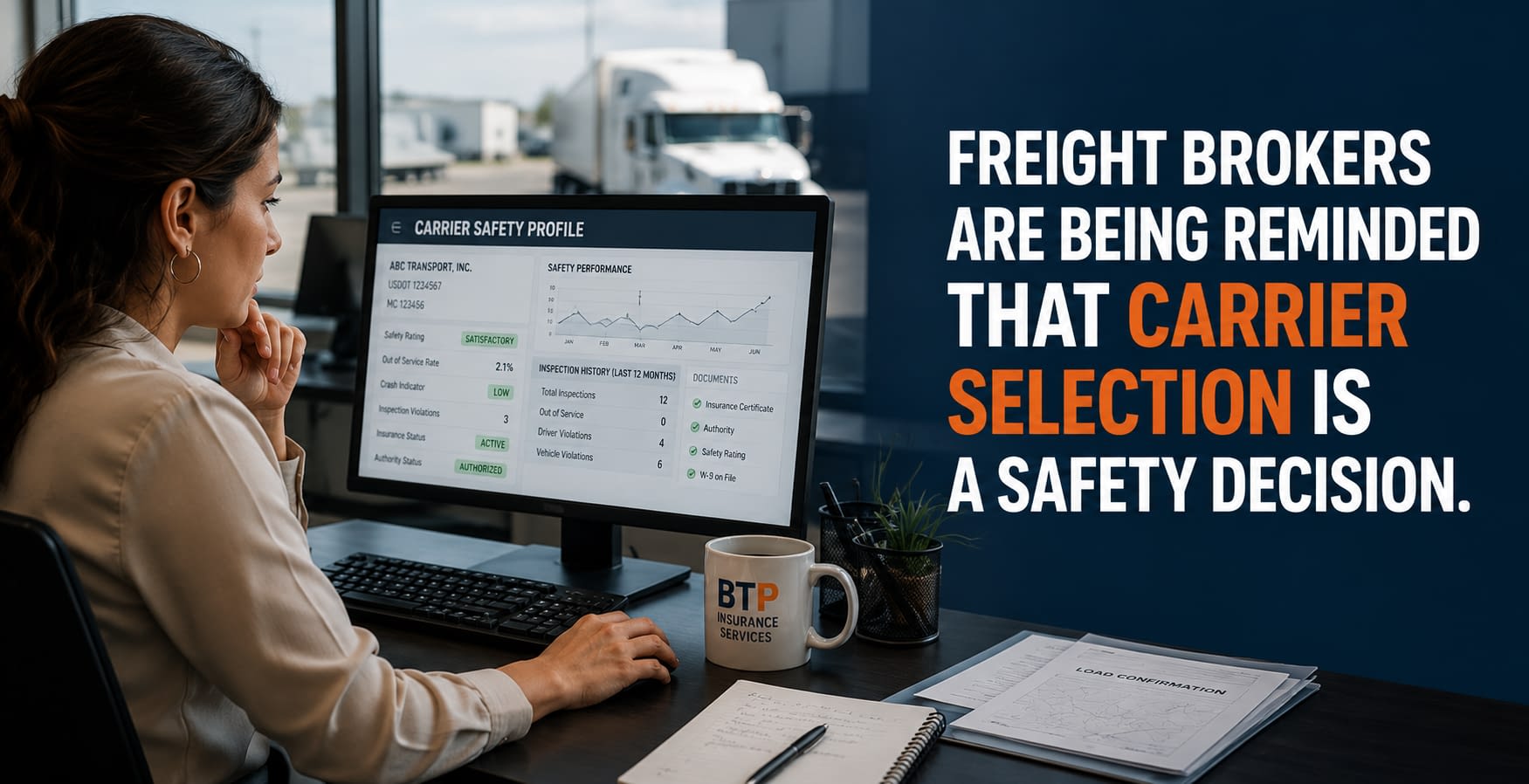 Freight Brokers: Carrier Selection Is a Safety Decision Freight broker reviewing motor carrier safety data before selecting a trucking company
