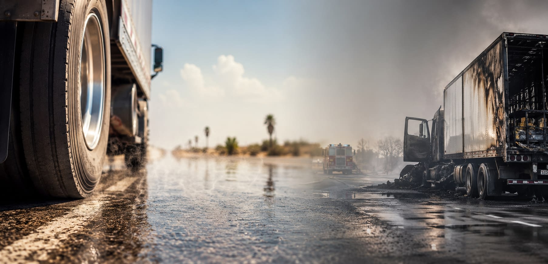 Texas Heat, Tire Blowouts, and Truck Fire Risk Commercial truck tire and roadside truck fire scene representing tire blowout and fire risk during extreme Texas heat.