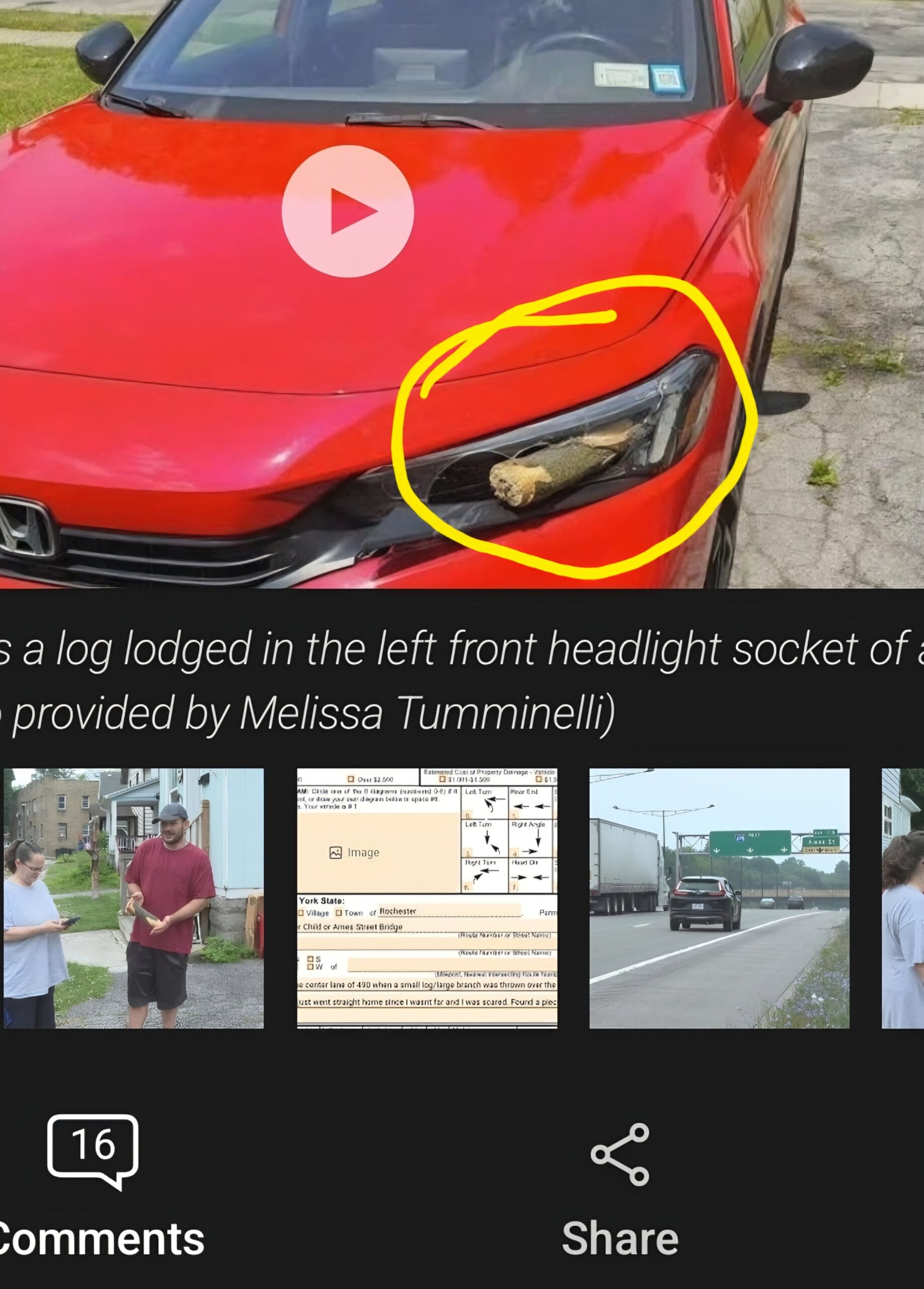 Log Thrown from Overpass Smashes Vehicle Headlight in Rochester Vehicle with log lodged through the headlight after being struck by falling debris from an overpass in Rochester, NY