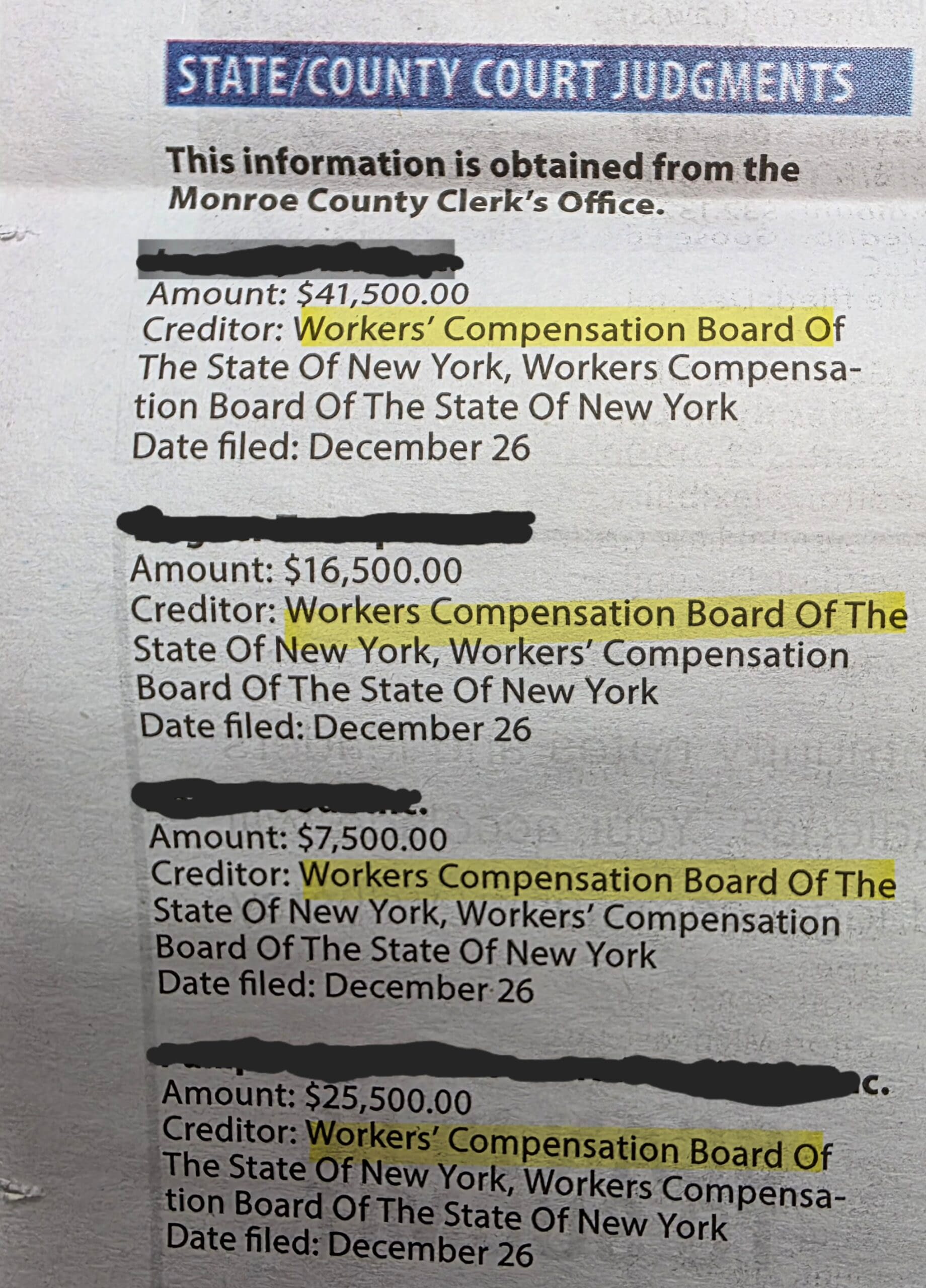 New York Workers’ Compensation Board Judgments Against Businesses Close-up of the Rochester Business Journal court judgments section showing Workers’ Compensation Board fines, with company names blacked out.