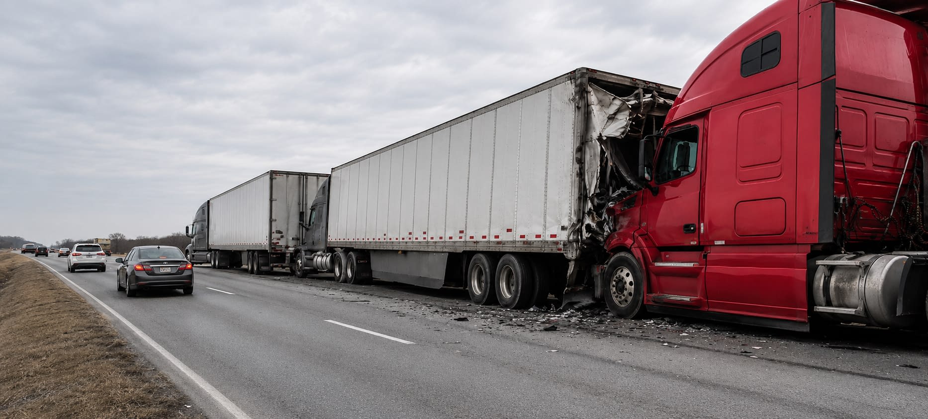 Multi-Vehicle Trucking Accident and Cargo Damage Red semi-truck rear-ends a commercial trailer in a multi-vehicle highway accident while passenger vehicles continue in the left lane.