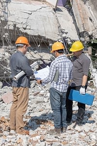 Three construction workers assessing damage to building from earthquake.