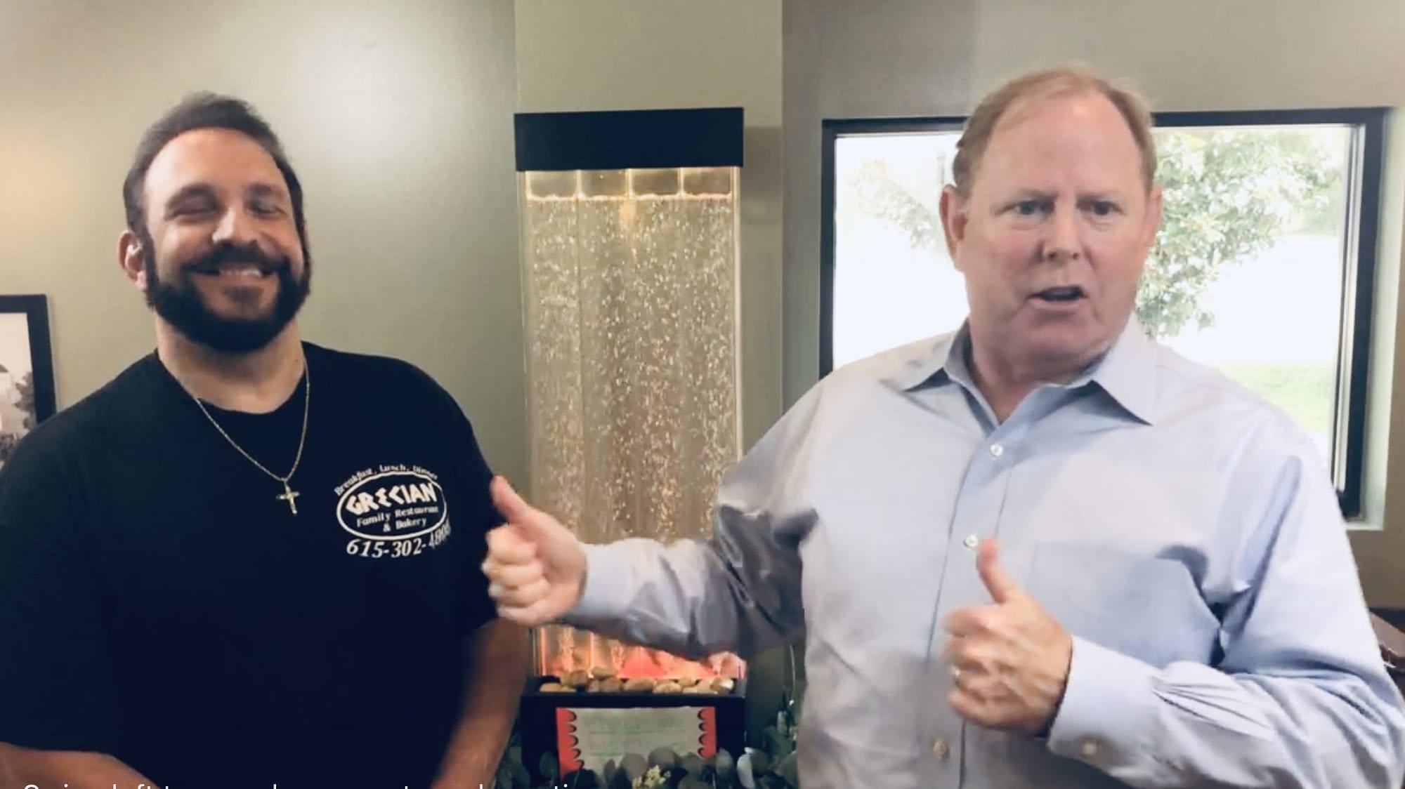 Eric DeBerry, Owner of DeBerry Insurance, with Frank Georgalos, owner of Grecian Family Restaurant and Bakery