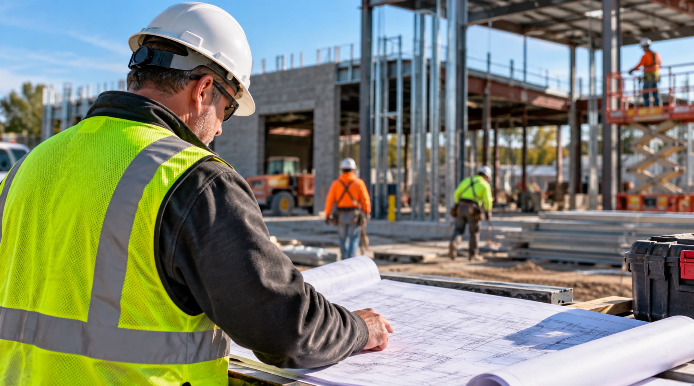 contractorinsurance General contractor reviewing plans with subcontractors on a commercial construction site