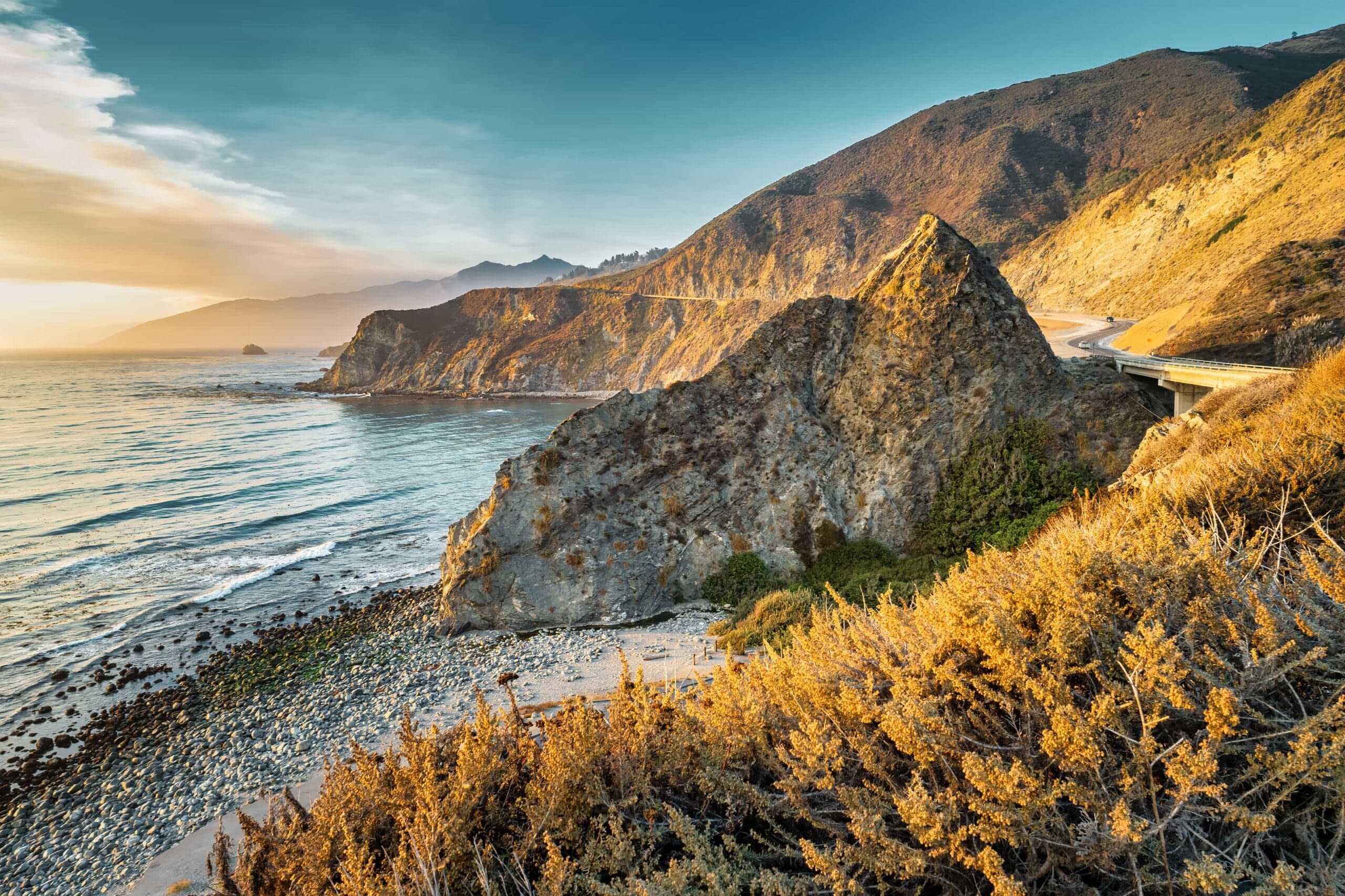 Big Sur Beach Highway California USA - stock photo Sunset at Big Sur coastline with the Pacific Coast Highway in California