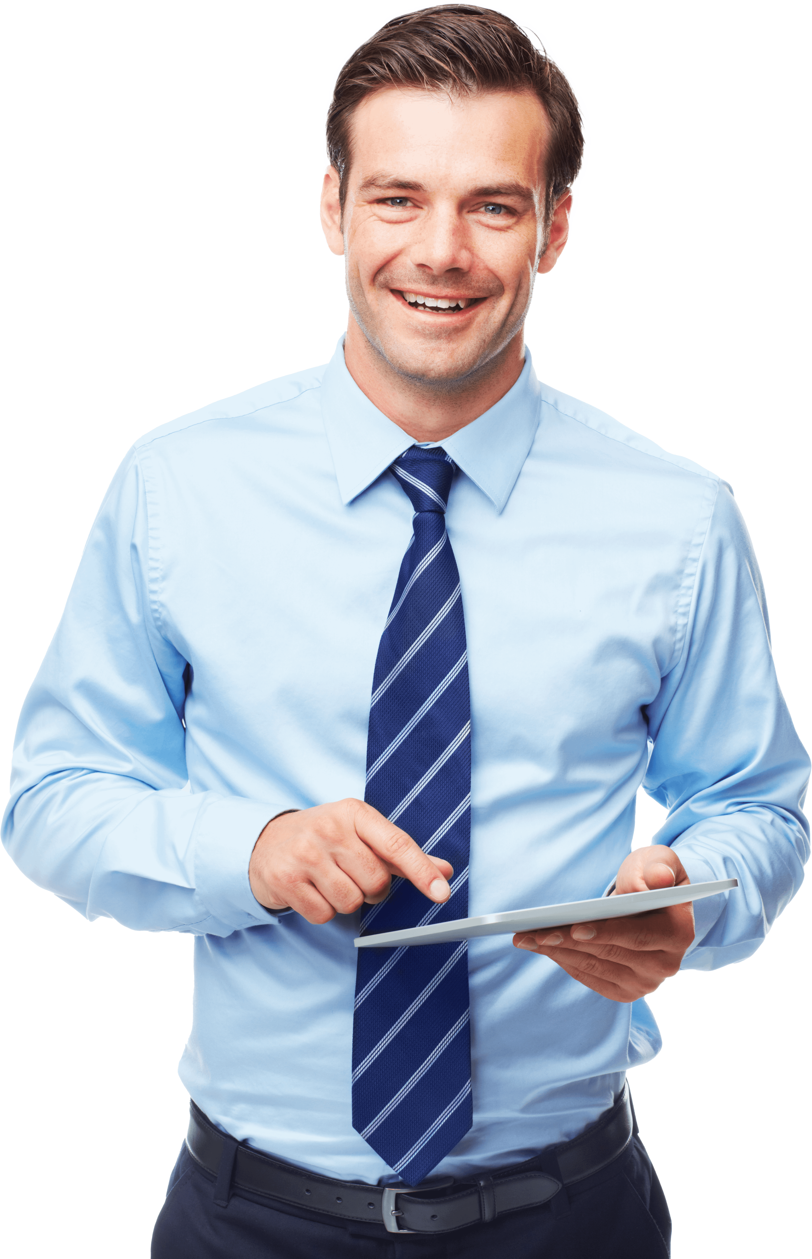 man in business outfit smiling while holding an ipad