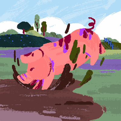 Pig in the mud illustration with crayolas
