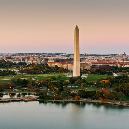 Helicopter Shot of the Washington Monument and White House at Dusk from Over Tidal Basin