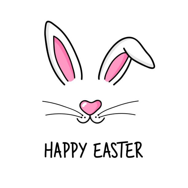 istockphoto-1193594198-612×612 Cute easter bunny vector illustration, hand drawn face of bunny. Greeting card with Happy Easter writing. Ears and tiny muzzle with whiskers. Isolated on white background.