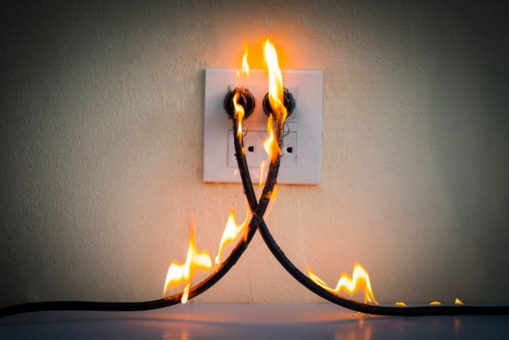 On fire electric wire plug Receptacle wall partition,Electric short circuit failure resulting in electricity wire burnt Electric Wire Plug On Fire