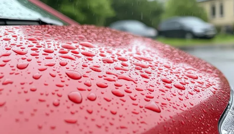 starwest-insurance-rain-car-paint-protection.jpg Close-up of water beading on a car's paint surface representing hidden rain damage risks explained by Starwest Insurance for California drivers.