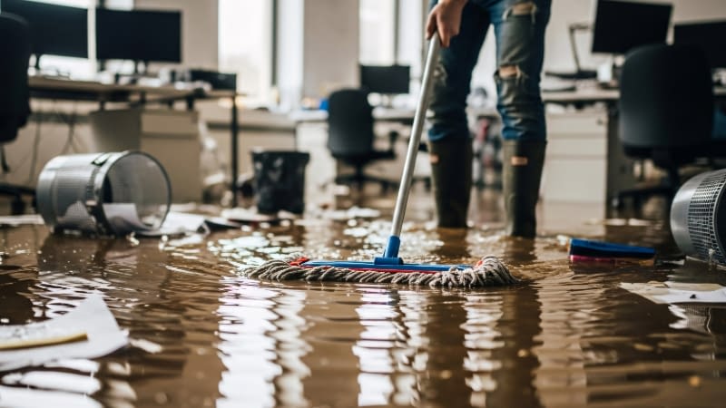Business Insurance 61126 Worker mopping up flood water in business office