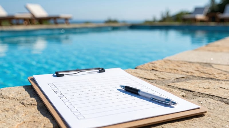 Business Insurance 62526 Blank checklist on clipboard with a pen on a table with a pool in the background