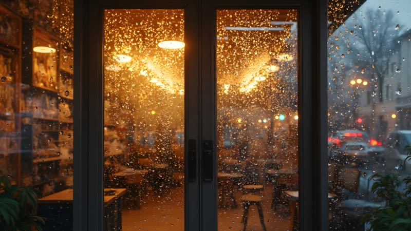 Business Insurance 6526 Storefront with raindrops covering windows