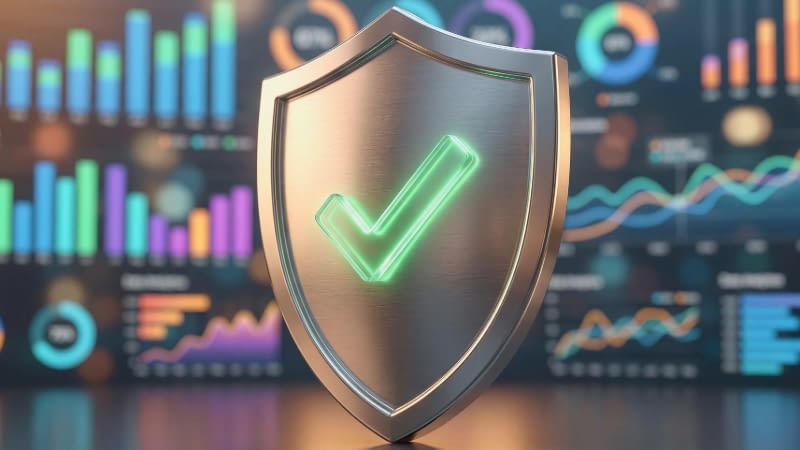 Cyber Insurance 7926 Graphic of a silver shield with a green checkmark on it with data reports in the background