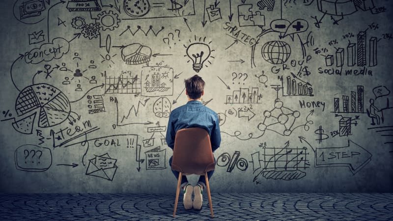 Business Insurance 8426 Man sitting in a chair looking at a wall with a graphic of all the business questions he has