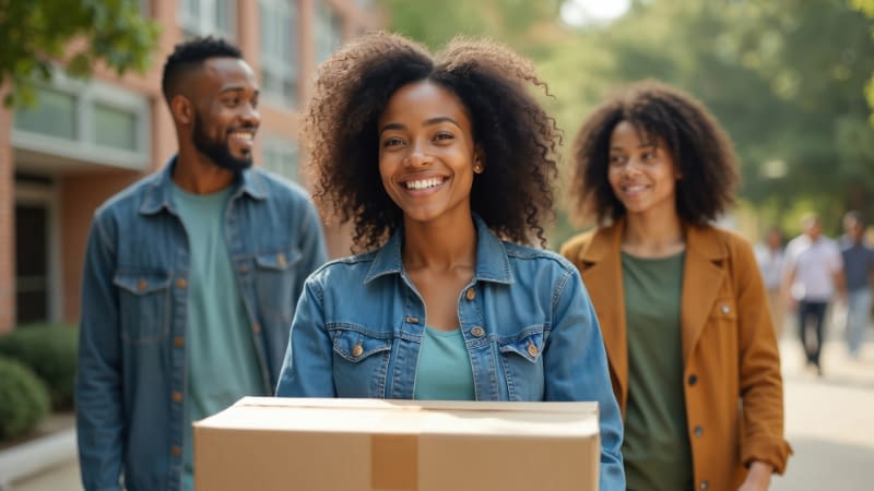 College Insurance 8626 Young lade walking with a moving box with her parents behind her as she moves into her college dorm