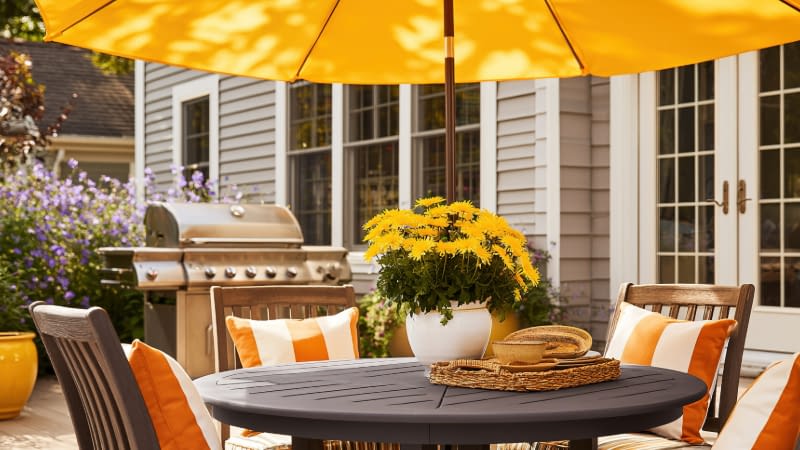 Home Insurance 73026 Backyard patio with dining table with grill in background