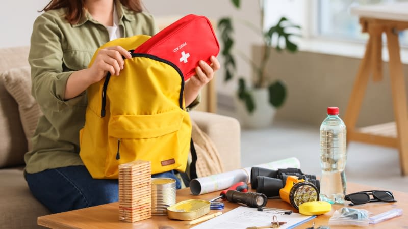 Home Insurance 9126 Woman preparing emergency kit for her home