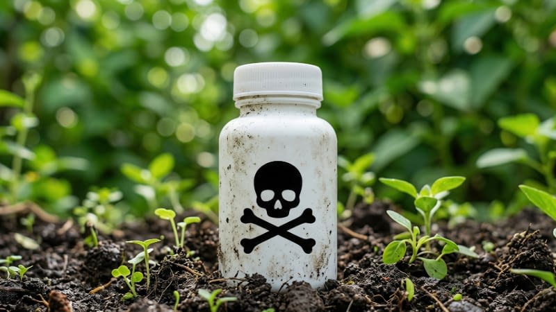 Pollution Insurance 82026 white bottle with skull and cross bones in the grass