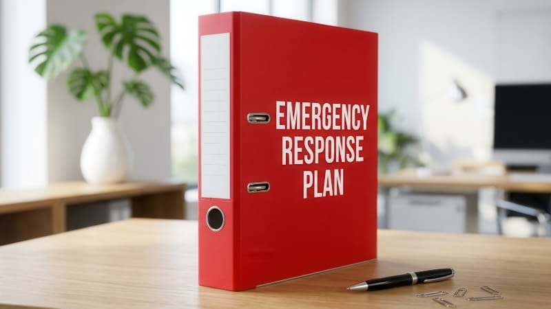 Business Insurance 91726 Red emergency response plan binder on a desk with a pen next to it