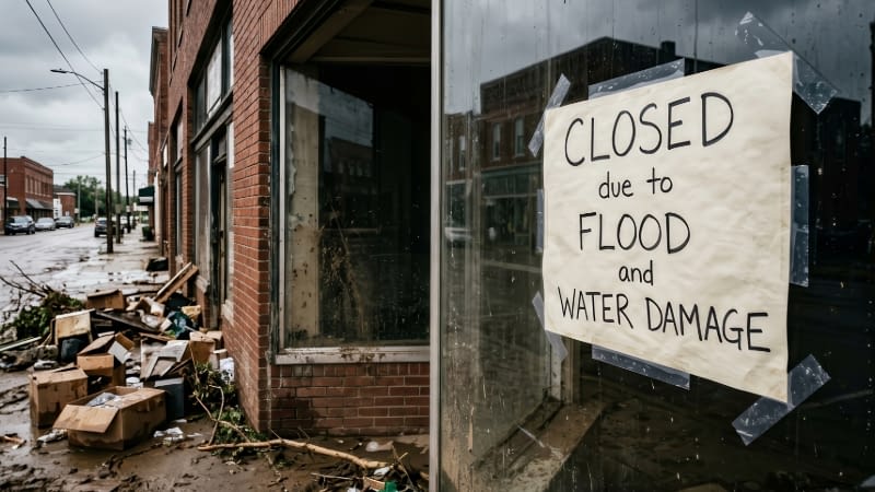 Business Insurance 92426 Business damaged by storm with a closed sign on the window