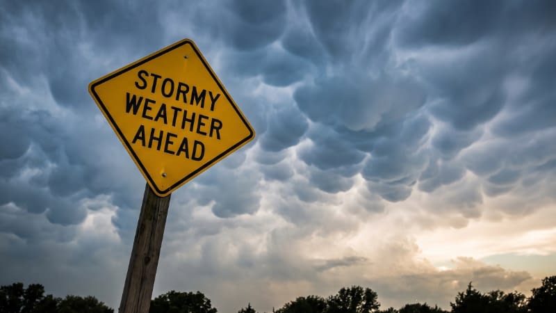 Business Insurance 9326 Stormy weather ahead sign with a dark cloudy sky in background