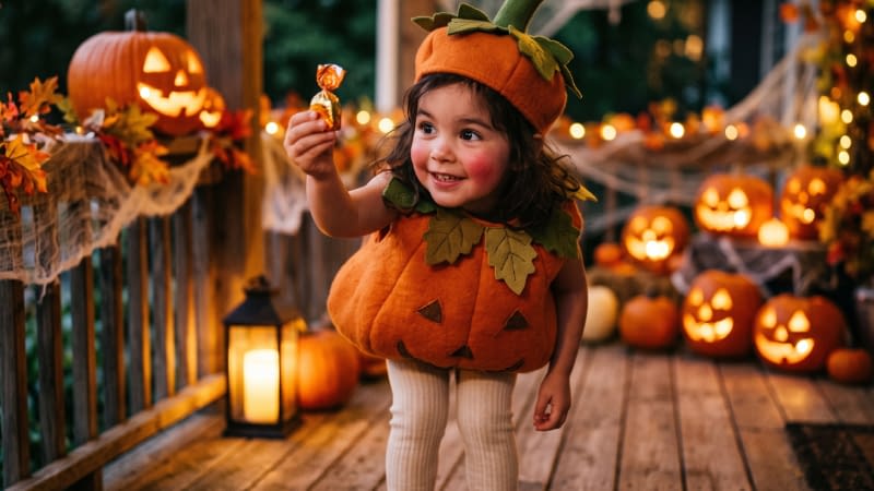 Home Insurance 10126 Young girl dressed as a pumpkin holding a piece of candy standing in front of a bunch of pumpkins