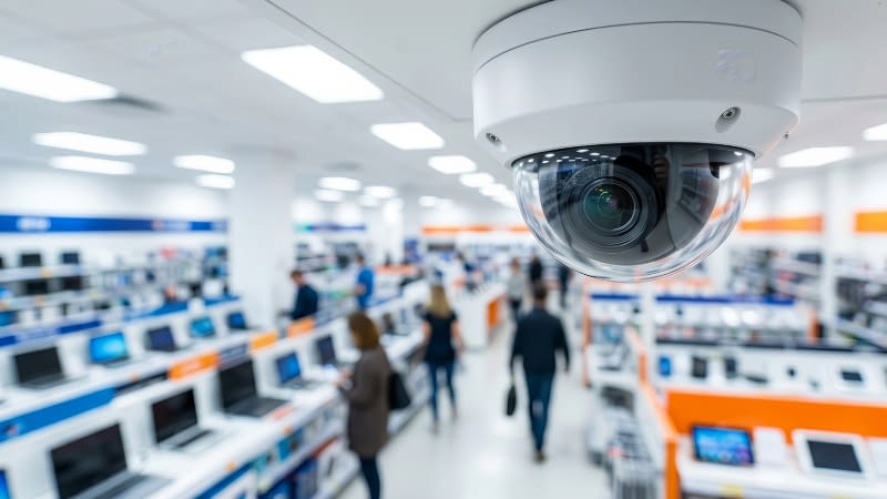 Business Security 102226 Business security camera with store in background