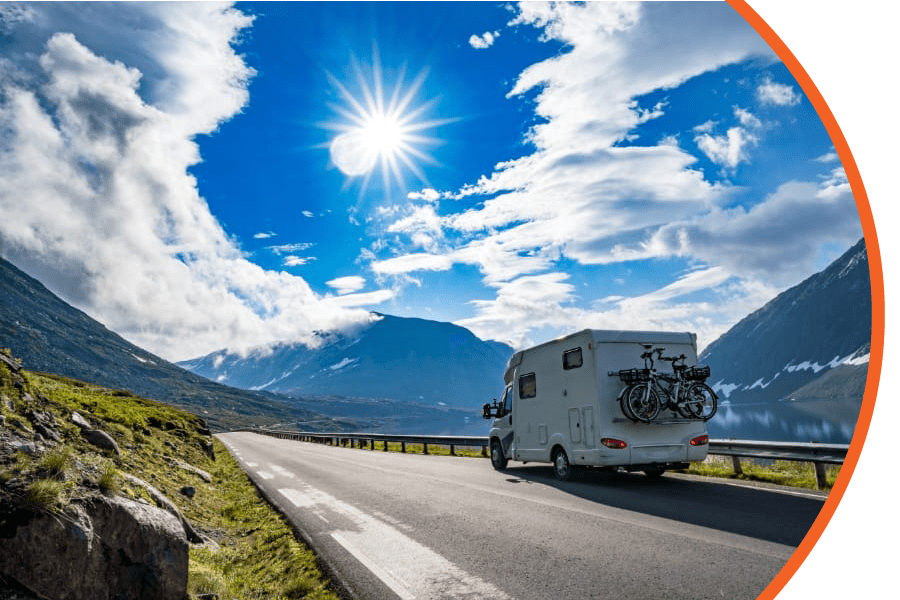 RV driving on the road in the mountains